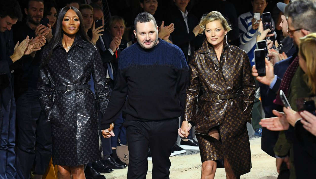 Naomi Campbell and Kate Moss closing Kim Jones' final Louis Vuitton show.